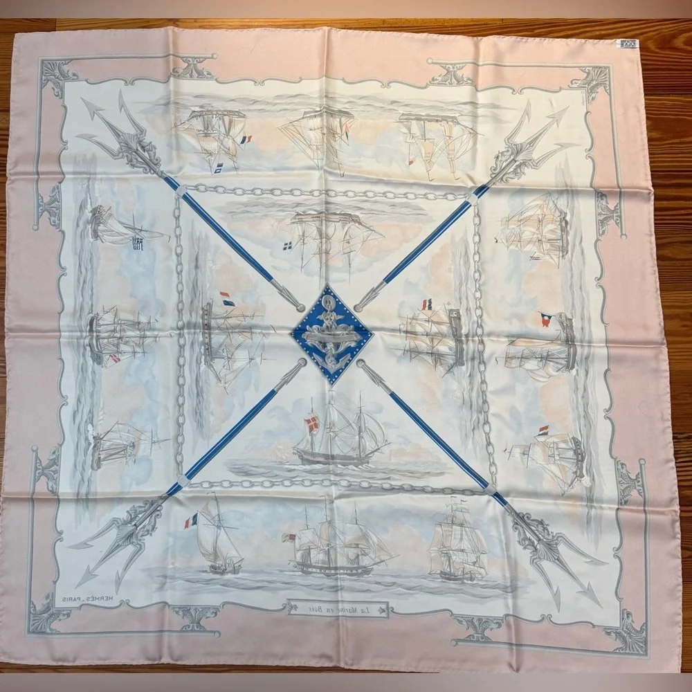 HERMES Never Worn Vintage “The Wooden Marine” Pink Carre‎ 90 Silk Twill Scarf